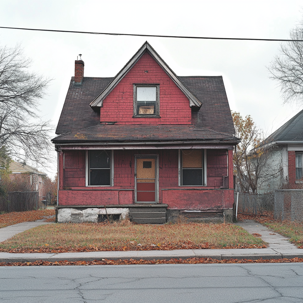 A Photo of a red home that needs much renovation.